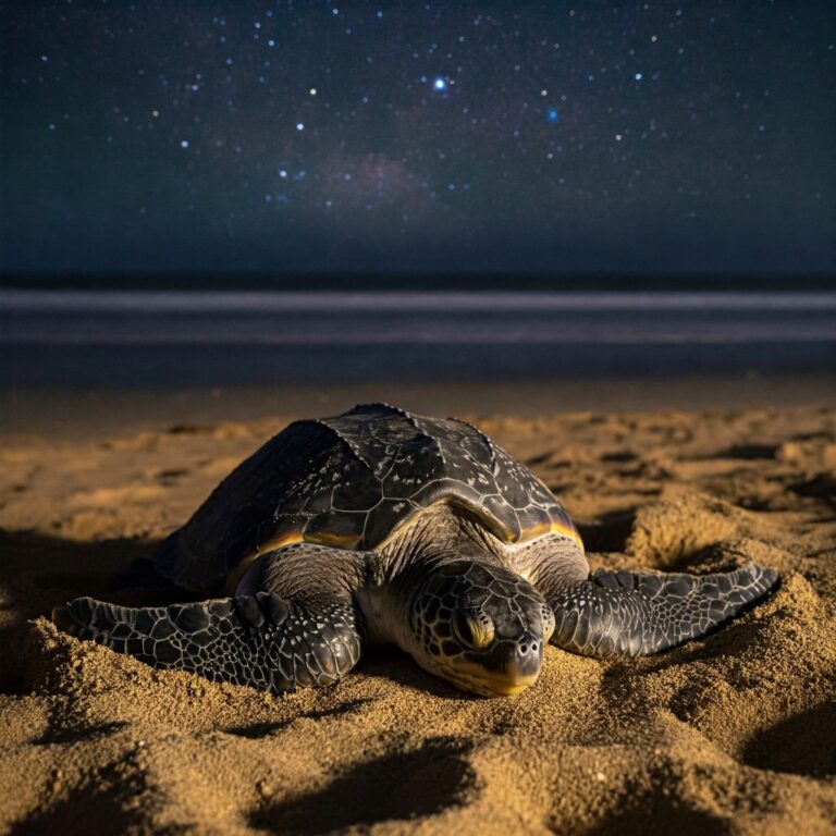 Costa rica turtles - a leatherback sea turtle nesting on a beach at night